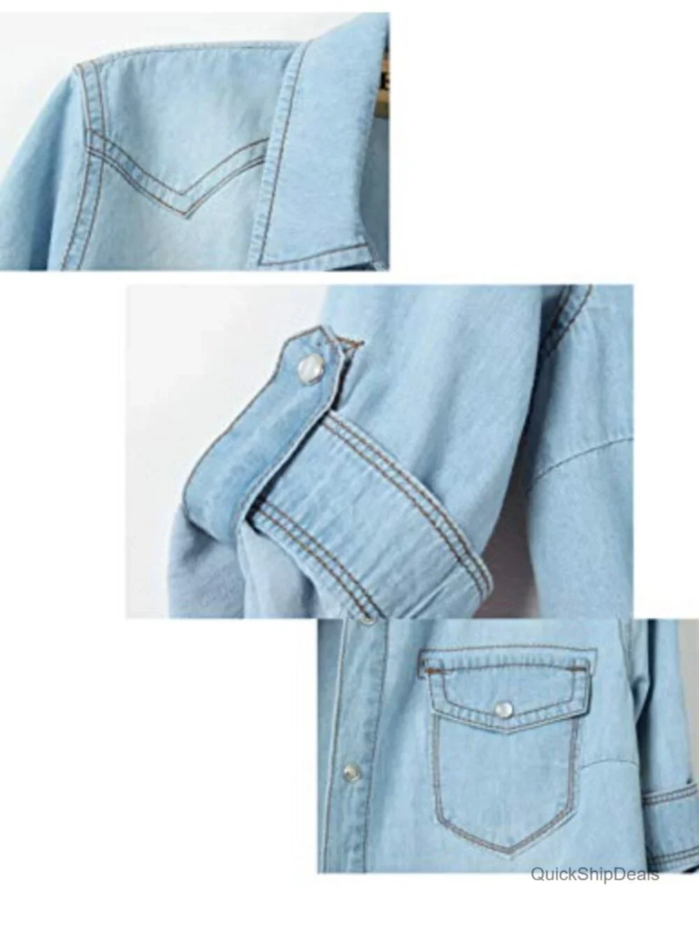 Chambray Crop Tie Front Cardigan 3/4 Sleeve Snap Button Denim Shirt
